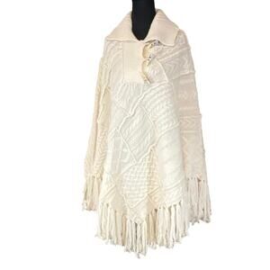 VTG Ralph Lauren Jeans Co Lambswool Knit Patchwork Fringe Poncho Cape Sweater OS